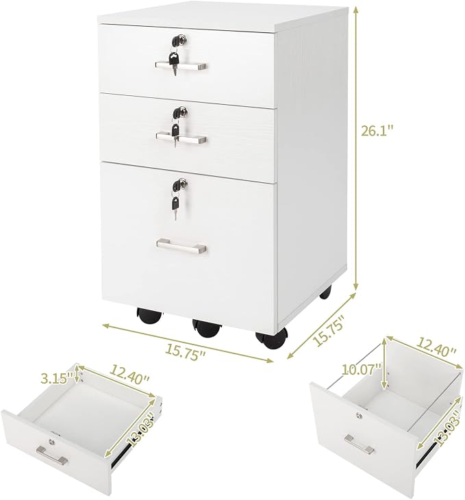 Bonnlo 26" H 3 Drawer File Cabinet with Lock, Rolling File Cabinet Under Desk, Mobile File Cabinets for Home Office, Wood White File Cabinet Printer Stand for Letter Size Hanging/Manila File Folders