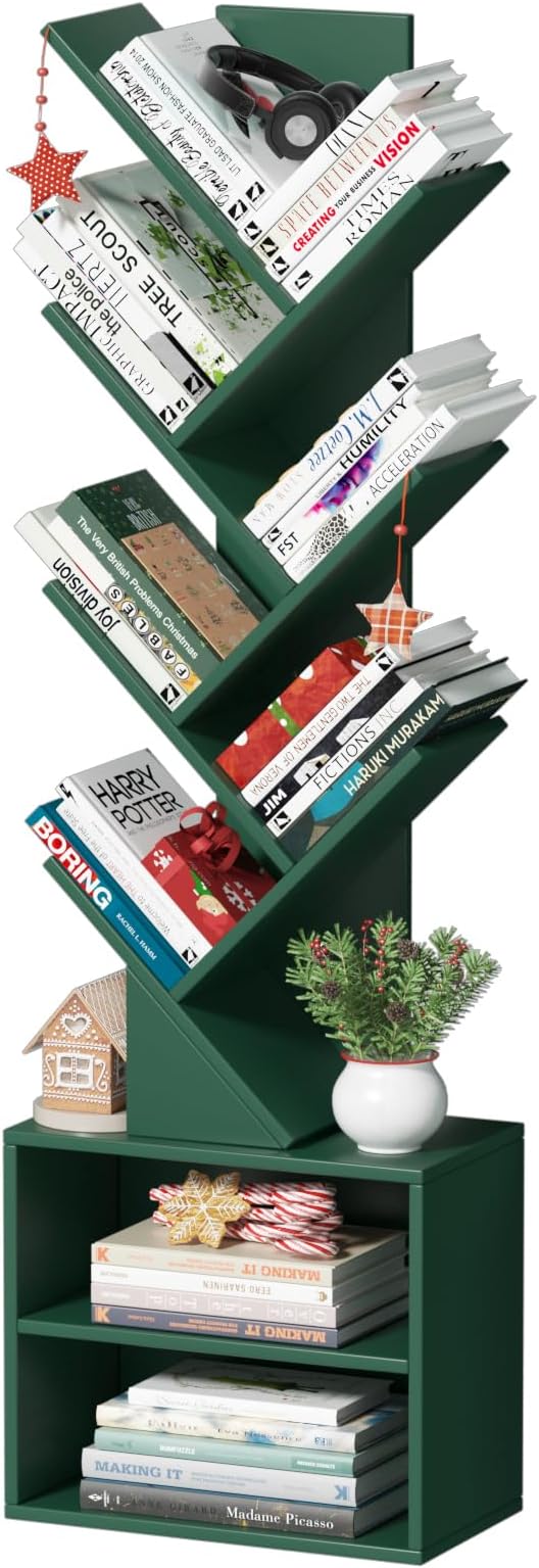 SHEEPAM 10 Tier Tree Bookshelf,Christmas Green Bookcase for Narrow Space, Storage Organizer Floor Standing Bookshelves for Books, Tall Book Case for Home Office, Living Room, Bedroom