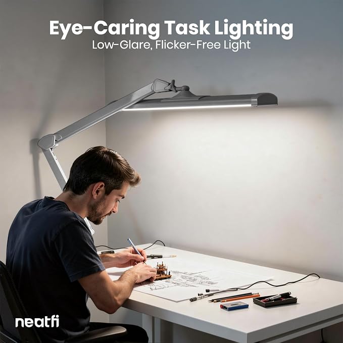 Neatfi Ultra 3,500 Lumens LED Desk Lamp with Clamp – 45W, 270 SMD LEDs, Shadow-Free | Adjustable Brightness | Task Light for Nail, Craft & Office (Silver, 26-Inch Wide Shade)