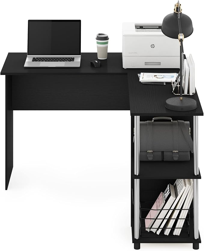 Furinno Abbott L-Shape Computer Desk with Stainless Steel Tubes Bookshelf, Americano/Chrome