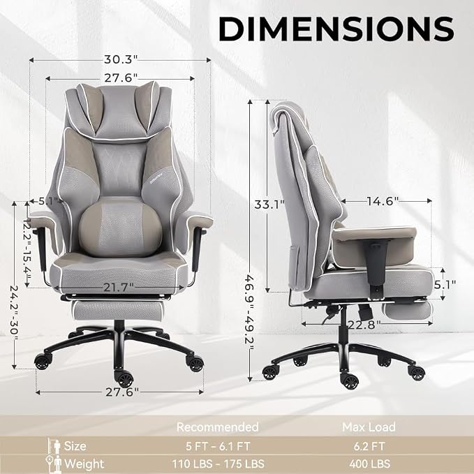 Dowinx Big and Tall Office Chair 400 Lbs with Rotating Massage Lumbar Support, Wide Thick Seat Cushion and Adjustable Armrest,Mesh Computer Gaming Chairs with Footrest,Grey