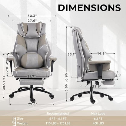 Dowinx Big and Tall Office Chair 400 Lbs with Rotating Massage Lumbar Support, Wide Thick Seat Cushion and Adjustable Armrest,Mesh Computer Gaming Chairs with Footrest,Grey