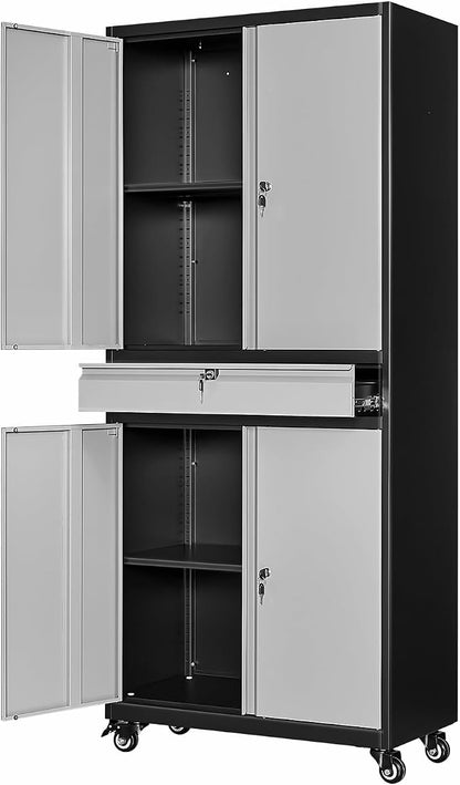 Metal Storage Cabinet with Wheels, 73" Tall Garage Rolling Storage Cabinets with Doors and Shelves, Lockable Tool Caninet Steel Locking Cabnets for Home Office, Garage, Pantry