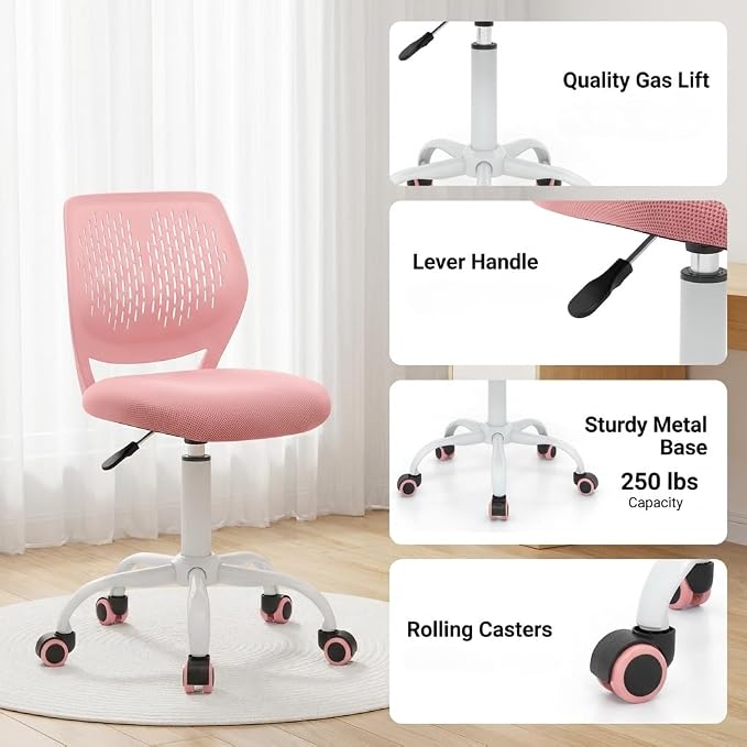 POWERSTONE Small Home Office Desk Chair, Swivel Rolling Study Computer Chair, Adjustable Height Task Chair with Armless Mid Back, Upholstered Mesh Seat, Pink