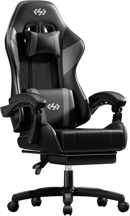 HLDIRECT Gaming Chair, Ergonomic Computer Office Chair with Lumbar Support Footrest Headrest, Adjustable Height & Backrest Angle Video Gamer Chair, PU Leather, 360° Swivel, Adult (Black&Grey)