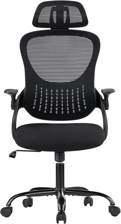DUMOS Ergonomic Office Chair – High Back Mesh Computer Chair with Lumbar Support, Headrest, Flip-up Arms, and Swivel Wheels – Comfortable Gaming & Desk Chair for Home Bedroom Office,Black