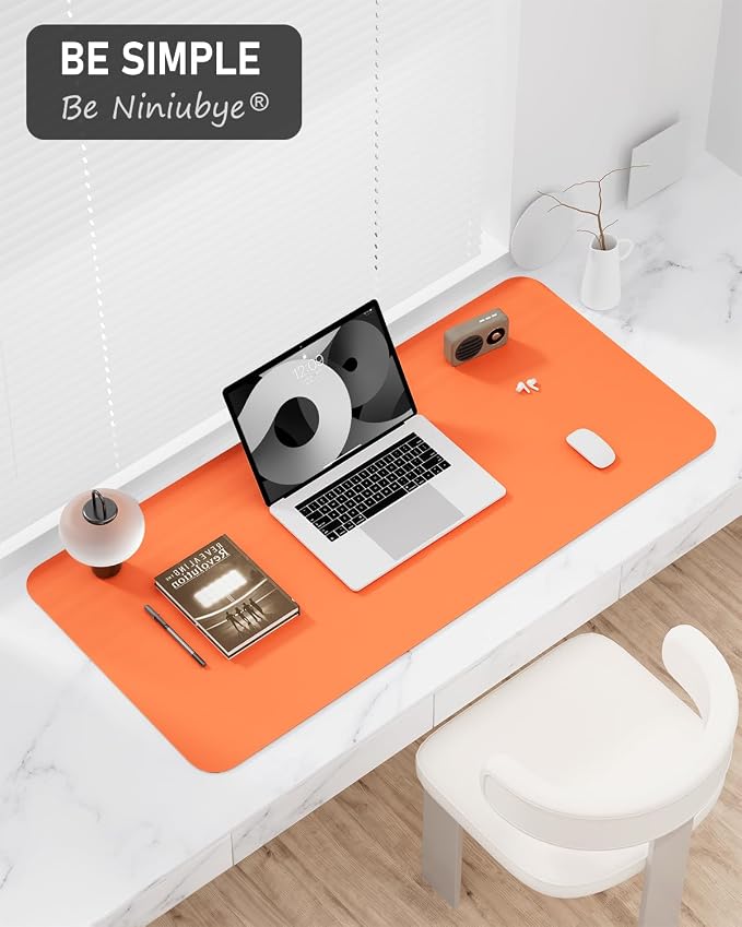 Desk Pad, 35.5" x 17" PU Leather Non-Slip Desk Mat Large Mouse Pad for Desktop, Waterproof Laptop Computer Writing Mat for Office, Home, Work, Gaming, Orange
