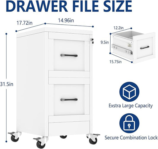 Ckzbx 2 Drawer File Cabinet with Lock, Narrow Vertical Filing Cabinet, Under Desk File Cabinets,White Metal File Cabinets for Home Office,Fit Letter/A4/Legal Size File (Wheel)