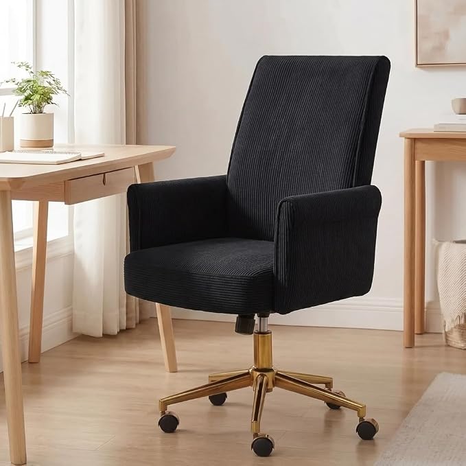 Stripes Velvet Home Office Desk Chair, Accent Upholstered Modern Height Adjustable Swivel Chair with Wheels,Ergonomic Task Chair for Living Room,Bedroom,Vanity,Study,Office（Black）