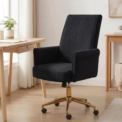 Stripes Velvet Home Office Desk Chair, Accent Upholstered Modern Height Adjustable Swivel Chair with Wheels,Ergonomic Task Chair for Living Room,Bedroom,Vanity,Study,Office（Black）