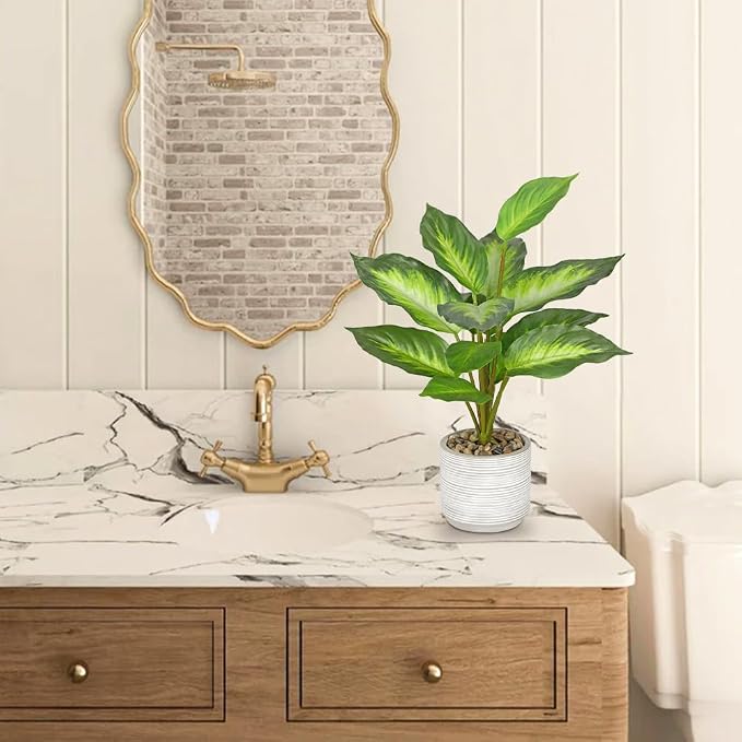 Small Fake Plants Indoor 14.5 Inch Potted Plant Artificial Decor 12 Leaves Faux Plant with Cement Pot Silk House Plants for Home Office Bathroom Kitchen Farmhouse Table Centerpieces Shelf Decor