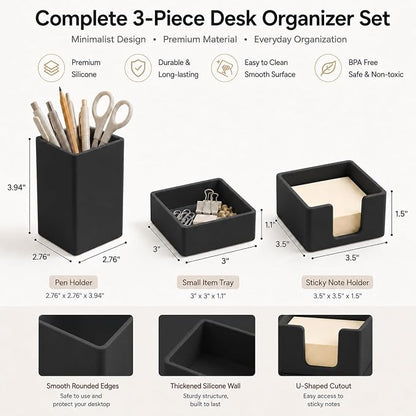 minimaliving Aesthetic Silicone Desk Organizer Set of 3,Modern Office Desk Accessories with Pen Holder,Paperclip Tray,Sticky Note Holder,Stylish Functional Office Desk Decor for Back-to-school(Black)
