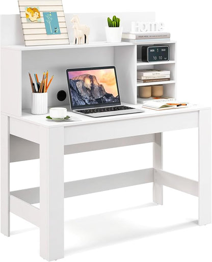 GOFLAME Computer Desk with Hutch, Wooden Writing Desk with Anti-Toppling Device, Cable Management Hole, Modern Home Office Workstation PC Laptop Table for Small Space, White