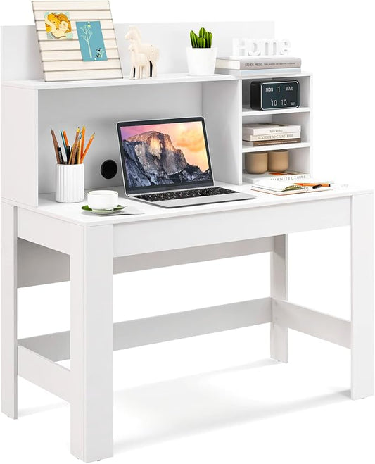 GOFLAME Computer Desk with Hutch, Wooden Writing Desk with Anti-Toppling Device, Cable Management Hole, Modern Home Office Workstation PC Laptop Table for Small Space, White