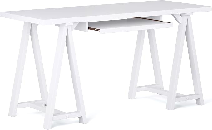 SIMPLIHOME Sawhorse Desk - 60 Inch Wide Solid Wood Writing Desk in White, Modern Industrial Home Office Computer Table for Workspace or Study with Sturdy Sawhorse Base and Integrated Keyboard Tray