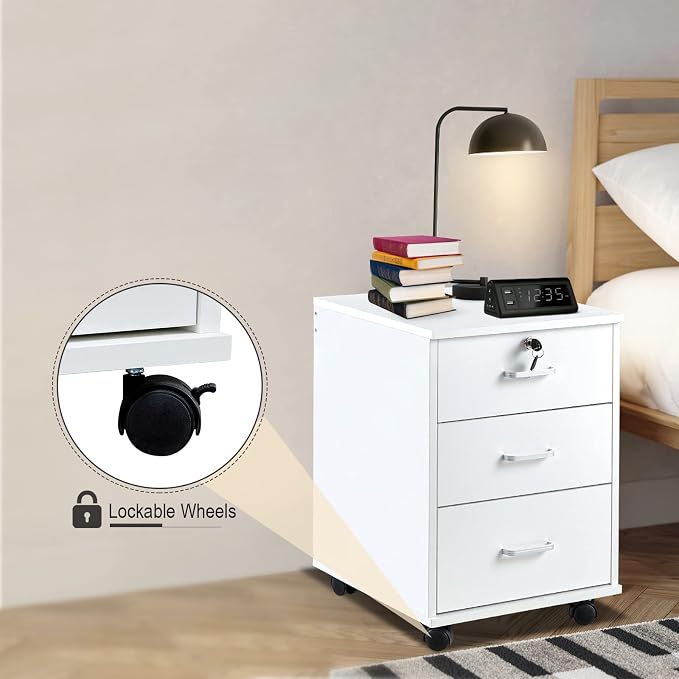 OFCASA 3 Drawer File Cabinet with Lock, Small Rolling Filing Cabinets for Home Office, Wooden Under Desk File Cabinet with Wheels, Mobile Storage Cabinet Printer Stand, for Letter/Legal/A4 Size, White