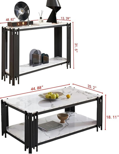 White Marble Coffee Table Set of 2 - Faux Marble Coffee and Console Tables With Chrome Metal I-Base, Luxury 2 Piece Living Room Set for Bedroom Home Office