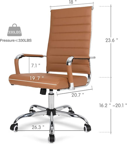 Home Office Chair Ribbed, Modern Leather Conference Room Chairs, Ergonomic Office Desk Chair, High Back Executive Computer Chair, Adjustable Swivel Chair with Arms (Brown)
