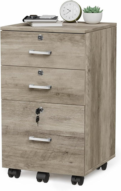 VINGLI 3-Drawer File Cabinet with Lock, Wood Rolling Under Desk File Cabinets for Home Office, Mobile Printer Stand & Filing Organizer for Letter Sized Files, 26" H(Caster Included), Rustic Gray