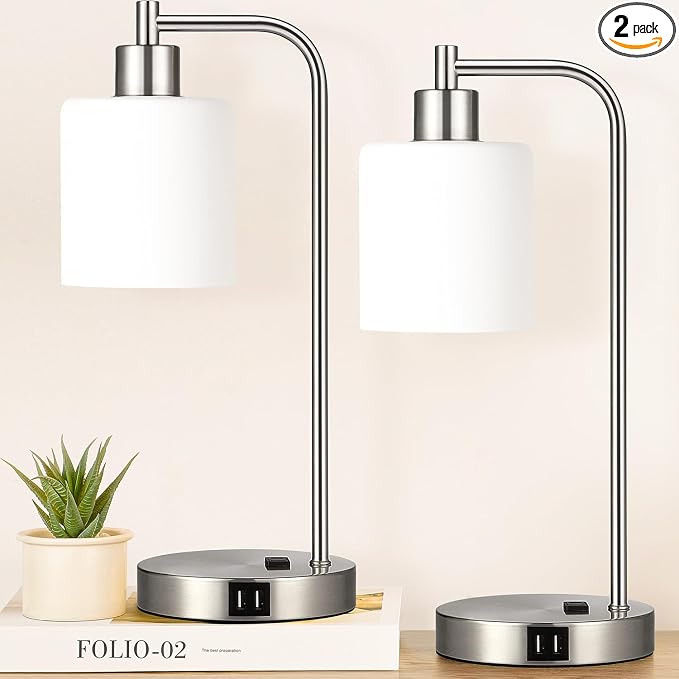 Set of 2 Industrial Touch Control Table Lamps with 2 USB Ports and AC Outlet - 3-Way Dimmable Nickel Bedside Lamp Nightstand Desk Lamps for Bedroom Living Room, Opal Glass Shade & 2 LED Bulbs Included