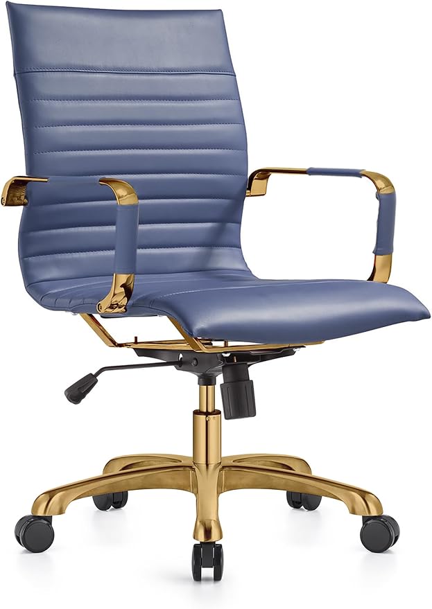LeisureMod Harris Modern Ergonomic Executive Office Chair, High-Back Leather Conference Desk Chair with Adjustable Height, Tilt Control, 360° Swivel & Gold Frame for Home Office