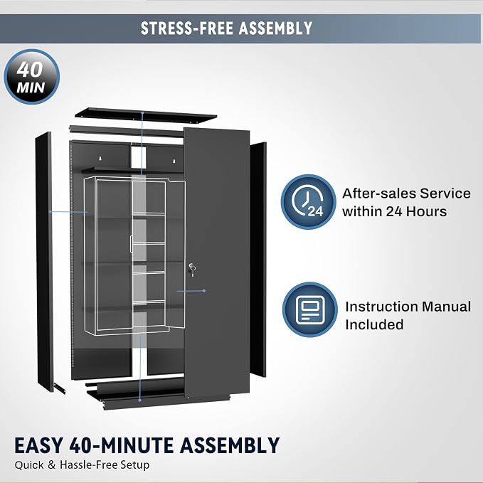 Tall Steel Garage Storage Cabinet with Lock - 72" H Heavy Duty Metal Storage Locker with 4 Adjustable Shelves for Home, Office, Black