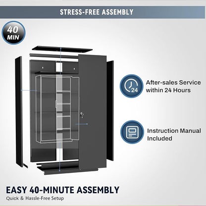 Tall Steel Garage Storage Cabinet with Lock - 72" H Heavy Duty Metal Storage Locker with 4 Adjustable Shelves for Home, Office, Black