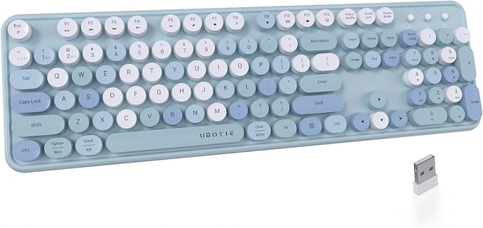 UBOTIE Dual Mode Colorful Wireless Keyboard, Bluetooth and USB Receiver Retro Typewriter Round Keycaps Keyboard Support Multi Devices for PC Laptop Tablet Phones(Blue Colorful)