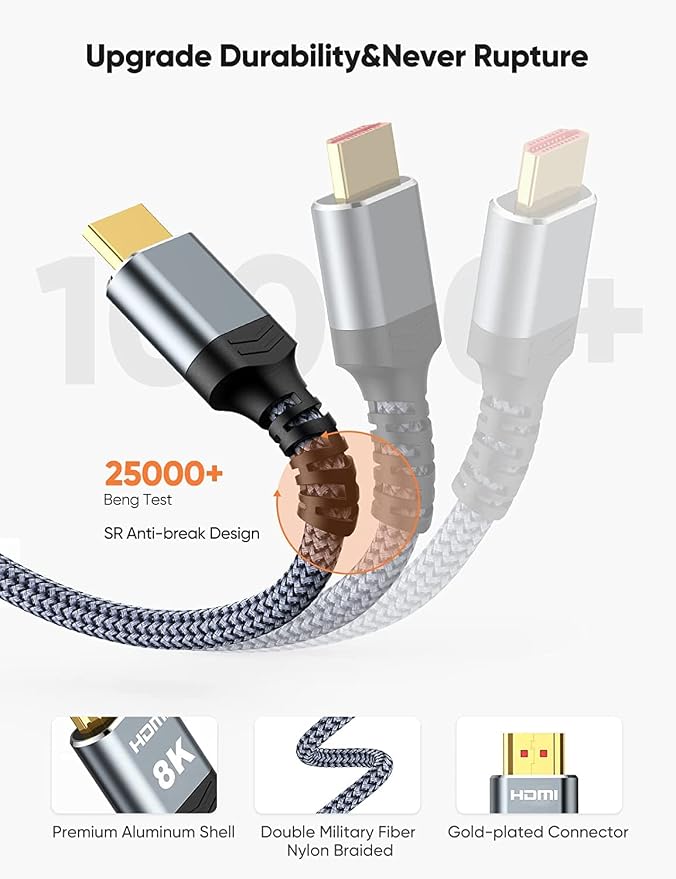 Highwings 8K HDMI Cable 2.1 2-Pack 1FT, Slim 48Gbps High Speed HDMI Braided Cord-4K@120Hz 144Hz 8K@60Hz, HDCP 2.2&2.3, Dynamic HDR,eARC,DTS:X,RTX 3090,Dolby Compatible with Roku TV/HDTV/PS5/Blu-ray