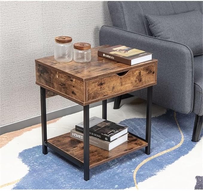 JJS Side End Table, Nightstand, Bedside Table with Drawer and Storage Shelves, Sofa Table for Living Room, Bedroom, Accent Furniture, Easy Assembly, Rustic Brown