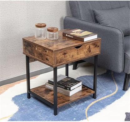 JJS Side End Table, Nightstand, Bedside Table with Drawer and Storage Shelves, Sofa Table for Living Room, Bedroom, Accent Furniture, Easy Assembly, Rustic Brown