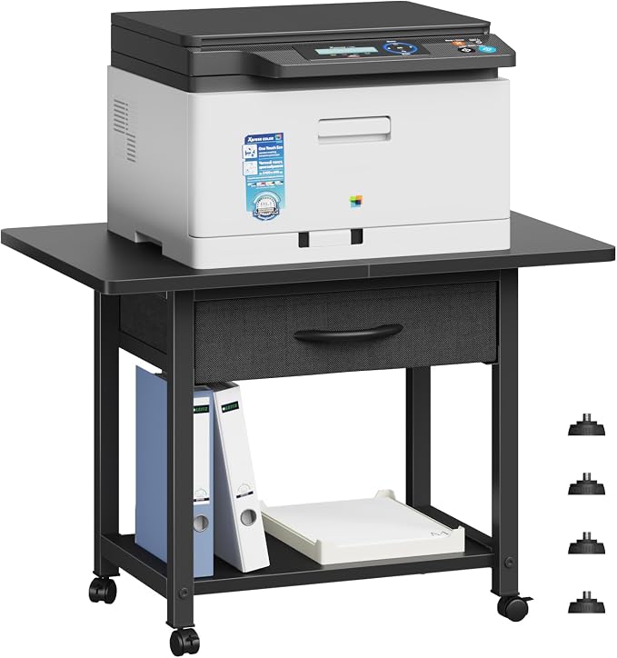 YAOHUOO 22"x15" Large Printer Stand with Drawer, 2-Tier Rolling Table Cart | Under Desk Printer Table,Storage Fabric Drawer,Fit printer/fax/3d/scanner,4 Lock Wheels or Feet,For Home Office Dorms,Black