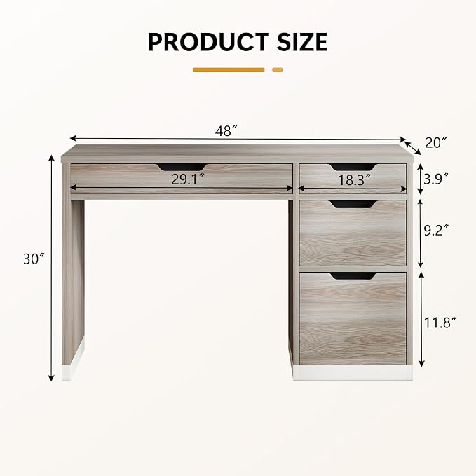 MaverickFurni 48 Inch Small Desk with Drawers, Computer Desk with Storage File Drawer for Bedroom, Office Desk with Storage for Small Space, Light Walnut
