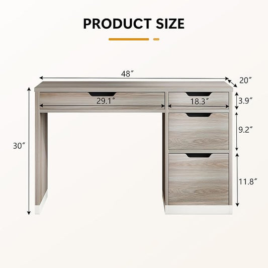 MaverickFurni 48 Inch Small Desk with Drawers, Computer Desk with Storage File Drawer for Bedroom, Office Desk with Storage for Small Space, Light Walnut
