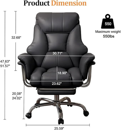 Big and Tall Office Chair 550 lbs Extra Wide Leather Executive Chair with Retractable Footrest, Heavy-Duty Ergonomic Chair, Adjustable Height Computer Gaming Chairs