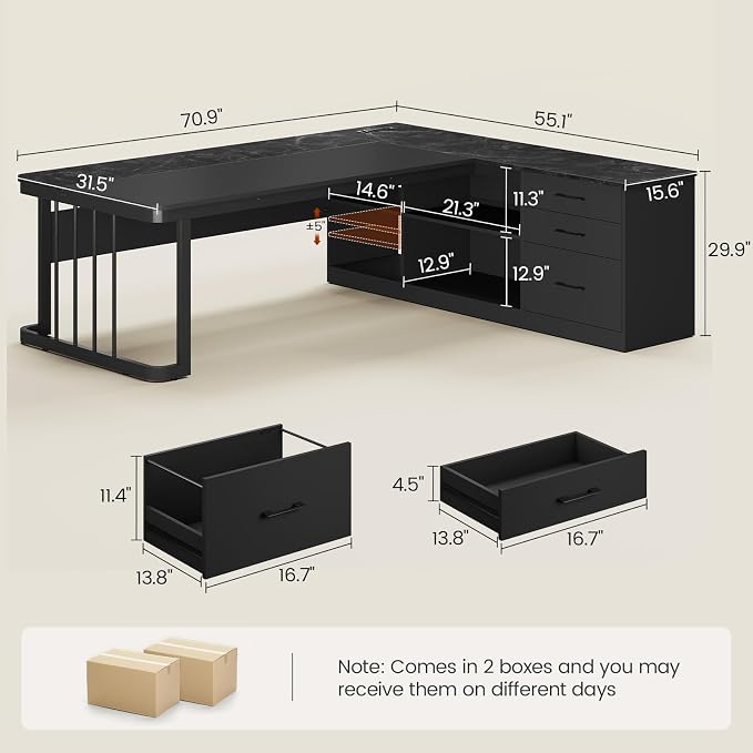 UPOSOJA 71" Executive Desk, Large Office Desk with Drawers & Storage Shelves, Modern L Shaped Computer Desk Corner Desk with Power Outlets, File Cabinet, Business Furniture Desk Workstation (Black)