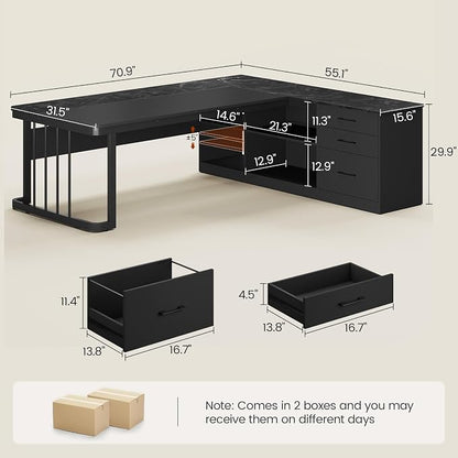 UPOSOJA 71" Executive Desk, Large Office Desk with Drawers & Storage Shelves, Modern L Shaped Computer Desk Corner Desk with Power Outlets, File Cabinet, Business Furniture Desk Workstation (Black)