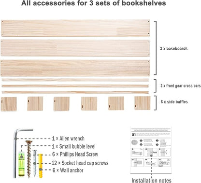 AZSKY Montessori Floating Book Shelves for Kids Room, 36 Inch Front Facing Nursery Bookshelves Wall Mounted with Safety Rail, Natural Wood Book Display for Toddler Baby Nursery, Set of 3