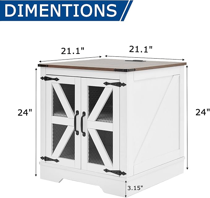 Farmhouse End Table Set with Charging Station Set of 2, Living Room Tables with Hidden Storage, Wood Square Sofa Bedside Tables, Night Stand with Power Outlet and Door, White