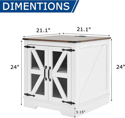 Farmhouse End Table Set with Charging Station, Living Room Tables with Hidden Storage, Wood Square Sofa Bedside Tables, Night Stand with Power Outlet and Door, White