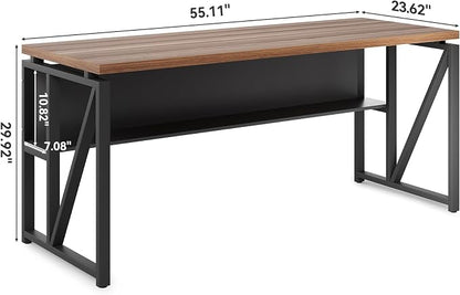 LITTLE TREE 55-Inch Executive Office Desk, Large Computer Desk with Storage Shelf, Executive Desk with Metal Frame, Thickened Desktop, Study Writing Desk Work Station for Home Office, Walnut Black