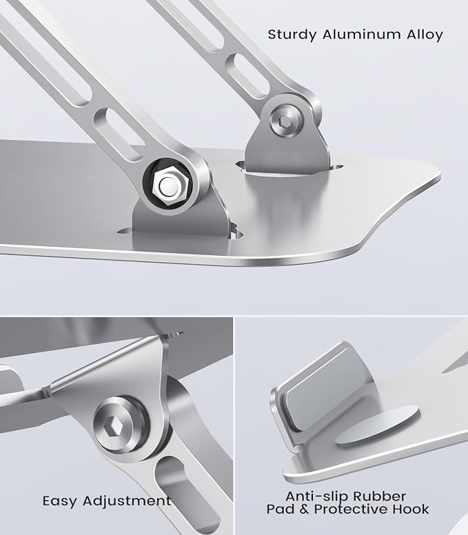 Orlian Laptop Stand Adjustable Computer Stand Sturdy Aluminum Laptop Stand for Desk Foldable Laptop Holder Portable Riser for 11–16-inch Laptop Notebook Tablet and More, Silver