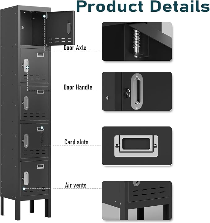 BUTISOW Metal Lockers - 66" Height Steel Lockers for Employees with 5 Door Storage Locker with Card Slot for Employees Gym School Home Office Garage - Assembly Required