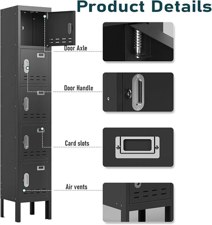 BUTISOW Metal Lockers - 66" Height Steel Lockers for Employees with 5 Door Storage Locker with Card Slot for Employees Gym School Home Office Garage - Assembly Required