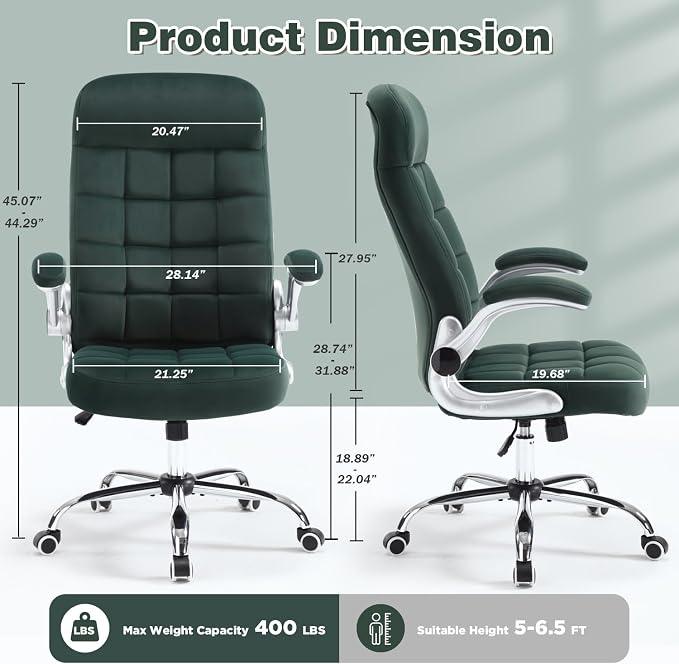 High Back Fabric Comfy Office Chair, Velvet Executive Desk Chair with Flip-Up Arms, Ergonomic Office Chairs with Lumbar Support, Upholstered Home Computer Swivel Chair with Wheels(Green)