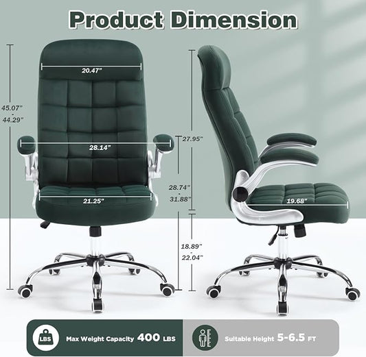 High Back Fabric Comfy Office Chair, Velvet Executive Desk Chair with Flip-Up Arms, Ergonomic Office Chairs with Lumbar Support, Upholstered Home Computer Swivel Chair with Wheels(Green)