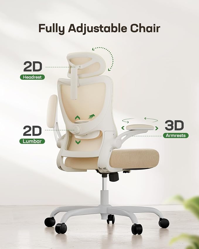 Marsail Ergonomic Office Chair: Office Computer Desk Chair with High Back Mesh and Adjustable Lumbar Support Rolling Work Swivel Task Chairs with Wheel 3D Armrests and Headrest (White)