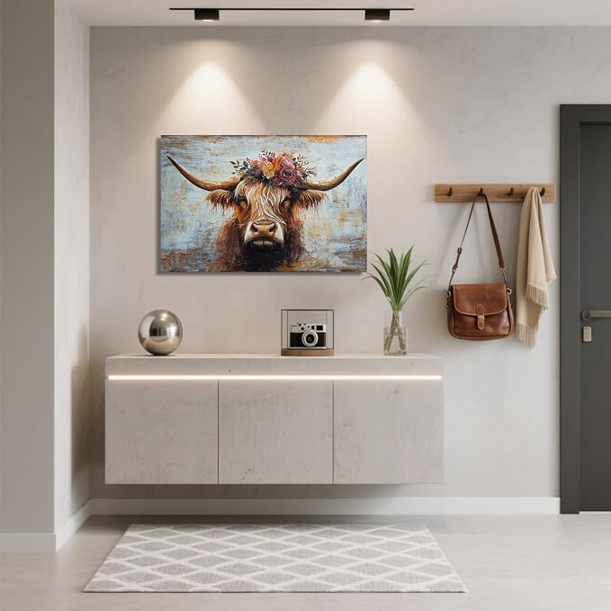 Canvas Wall Art Decor Modern Wall Art Picutures for Living Room Artwork for Wall Decor Vintage Wall Art Decor Highland Cow Wall Art Prints Artwork for Walls Home Bedroom Office Decorations 32" X 48"