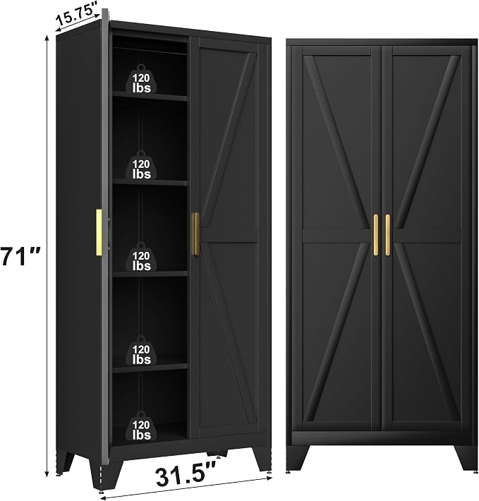 Baborokic 71H Tall Metal Storage Cabinet with 2 Doors and Adjustable Shelves,Farmhouse Storage Cabinet with Barn Doors,Pantry Storage for Home,Office,Bathroom,Dining Room,Kitchen(Black)