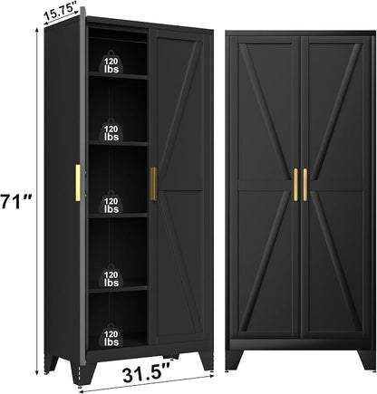 Baborokic 71H Tall Metal Storage Cabinet with 2 Doors and Adjustable Shelves,Farmhouse Storage Cabinet with Barn Doors,Pantry Storage for Home,Office,Bathroom,Dining Room,Kitchen(Black)